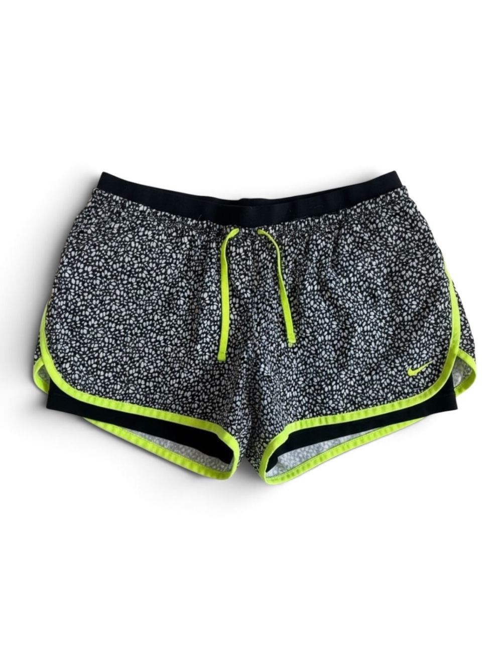 Nike Dri Fit Speckled Neon Trim Running Shorts Athletic Lined Outdoor Trail L
